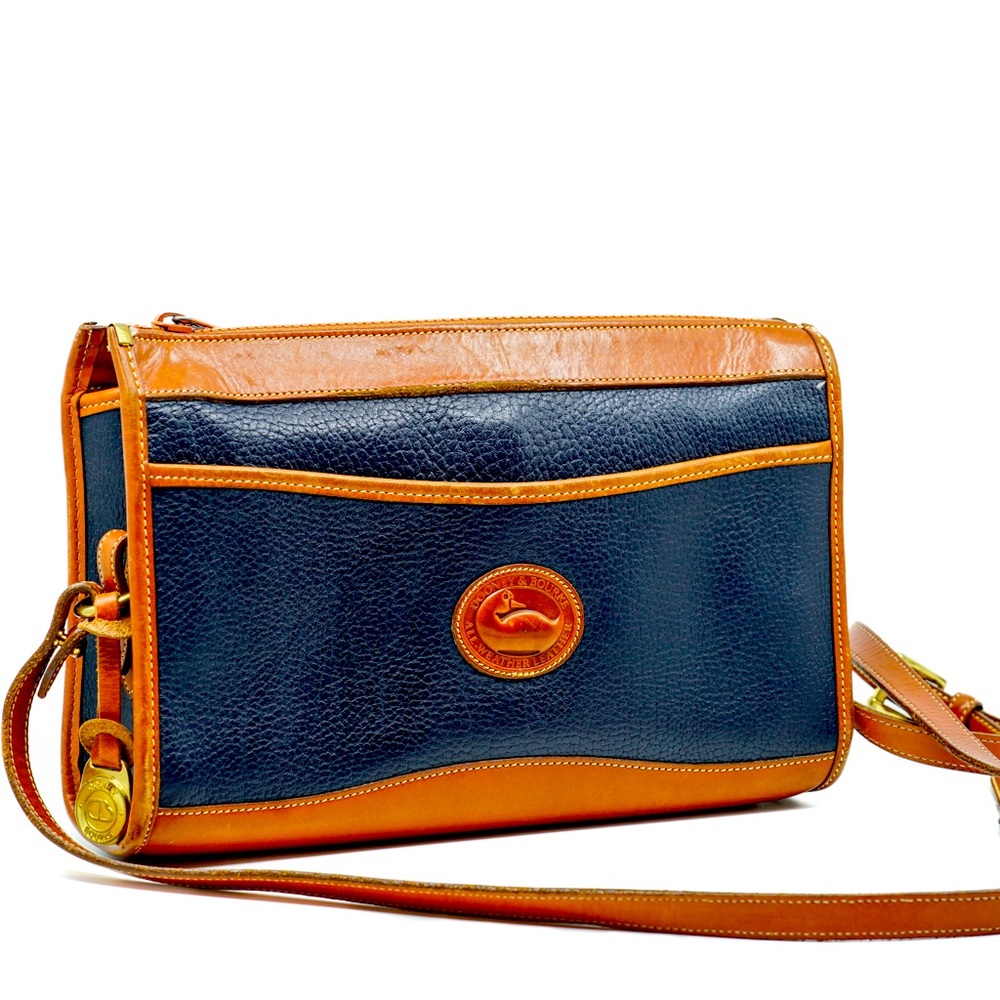 1990s VINTAGE DOONEY & BOURKE classic leather satchel tan and navy crossbody bag